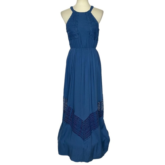 Altar’d State Dress‎ Womens Small Blue Maxi Sleeveless 100% Rayon Lace Appliqué - Picture 1 of 9